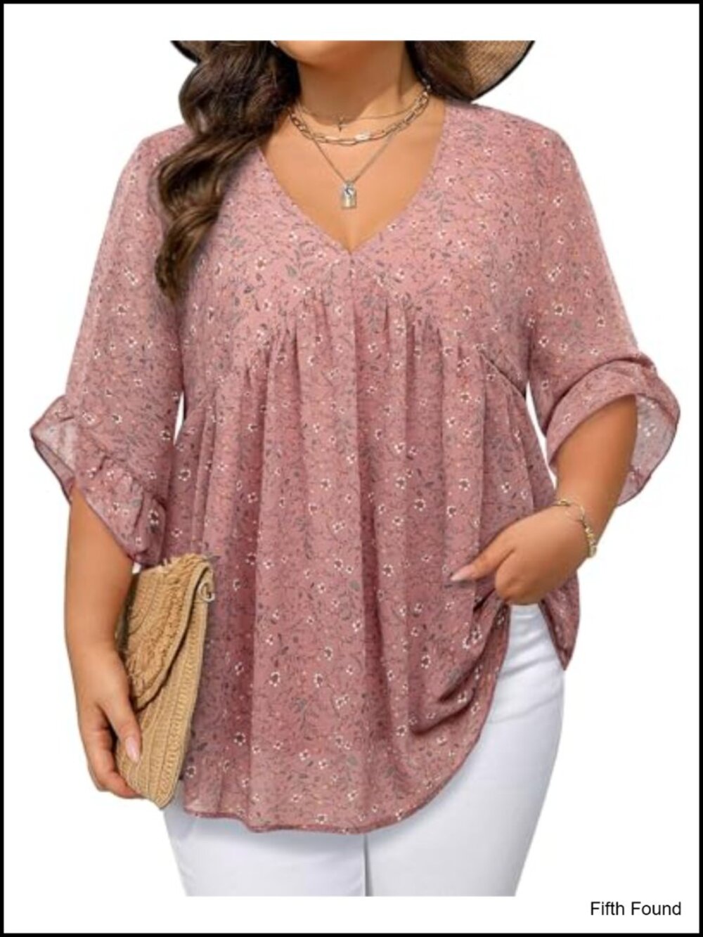 Plus Size Chiffon Tunic Top 3/4 Ruffle Sleeve V-Neck Babydoll Dressy Casual